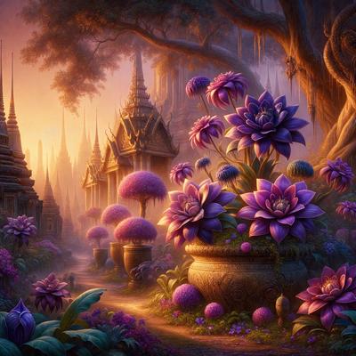 The primary subject of the image is a large vase filled with purple flowers, placed in a garden setting. The vase is situated in the middle of the scene, surrounded by a variety of flowers, including pink and purple ones. The visual style of the image is a digital art or illustration, creating a vibrant and colorful atmosphere. The colors and mood of the image are predominantly purple, giving it a serene and calming feel.